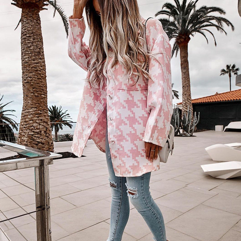Damen Oversized Jacke im Hahnentritt-Design mit Taschen Stalluxe