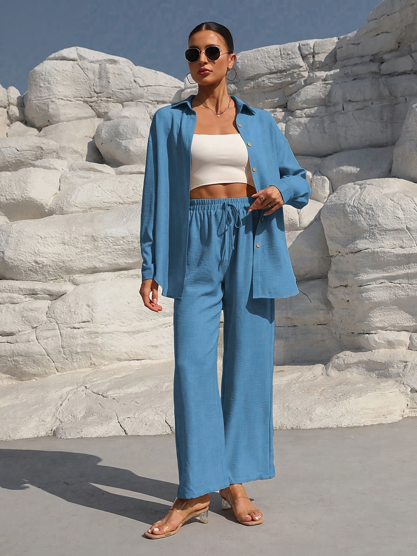 Damen elegantes und lässiges Leinen-Loungewear-Set mit lockerer Passform Stalluxe