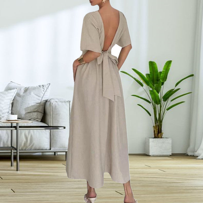 Damen Elegantessent Midi-Kleid mit tiefem Rückenausschnitt und Schleifenbändchen Stalluxe