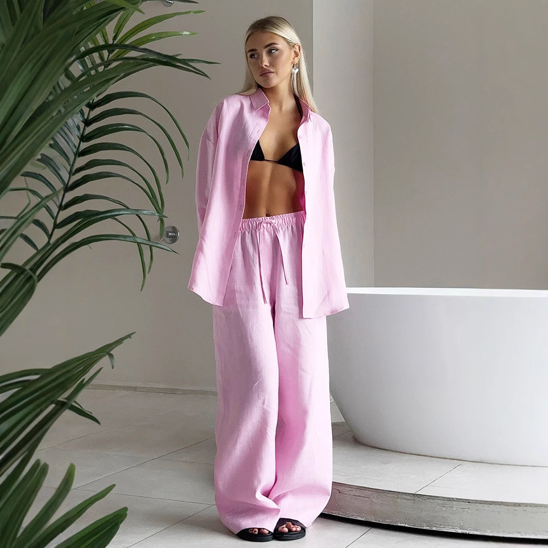 Damen lässiger Leinenanzug mit weiten Hosen und oversize Hemd Stalluxe