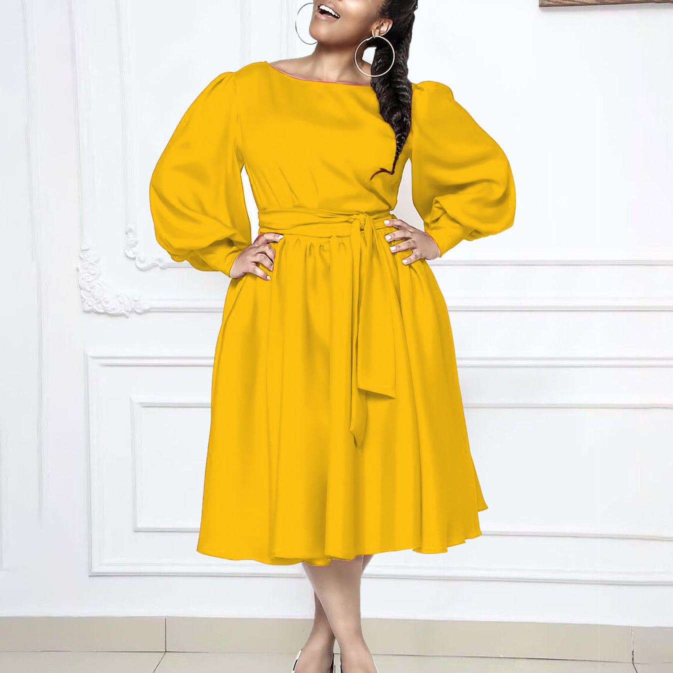 Damen Midikleid mit elegantem Taillengürtel und schwingenden Ärmeln Stalluxe