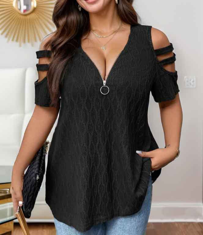 Damen modisches Halbarmshirt mit Reißverschluss Stalluxe