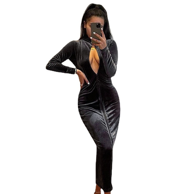 Damen Elegantes Velours-Maxi-Kleid mit tiefem V-Ausschnitt und langen Ärmeln Stalluxe