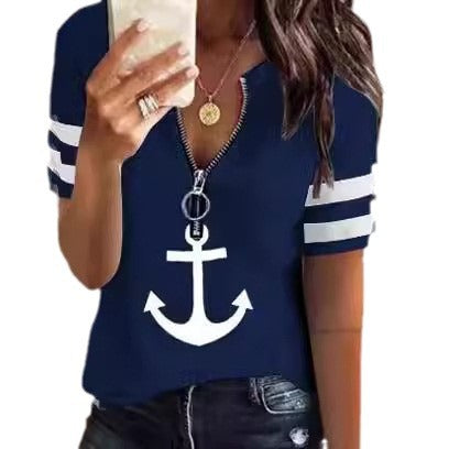 Damen maritim inspirierter Kurzarm Pullover mit Reißverschluss und Anker-Motiv Stalluxe