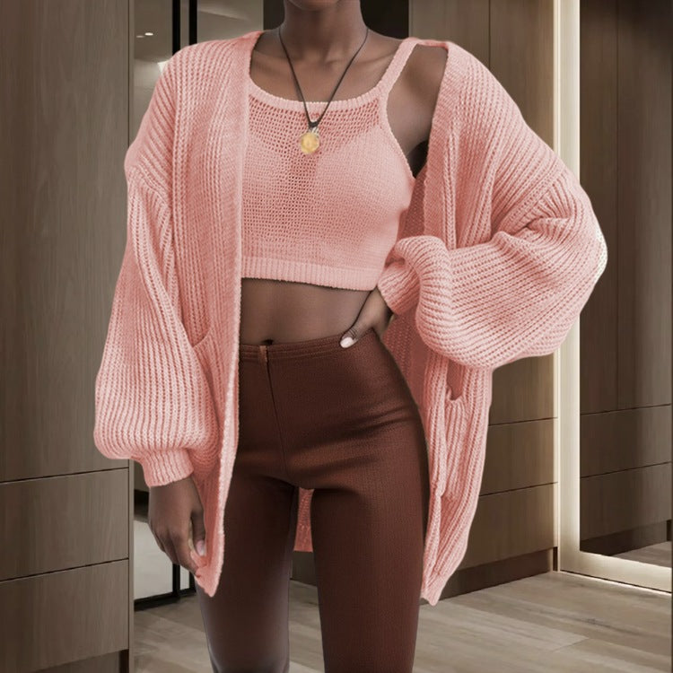 Damen Offener Strickcardigan mit voluminösen Ärmeln und praktischen Taschen Stalluxe