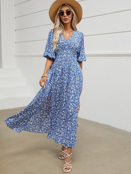 Damen Maxikleid mit floralem Design und knöpfigem Ausschnitt Stalluxe