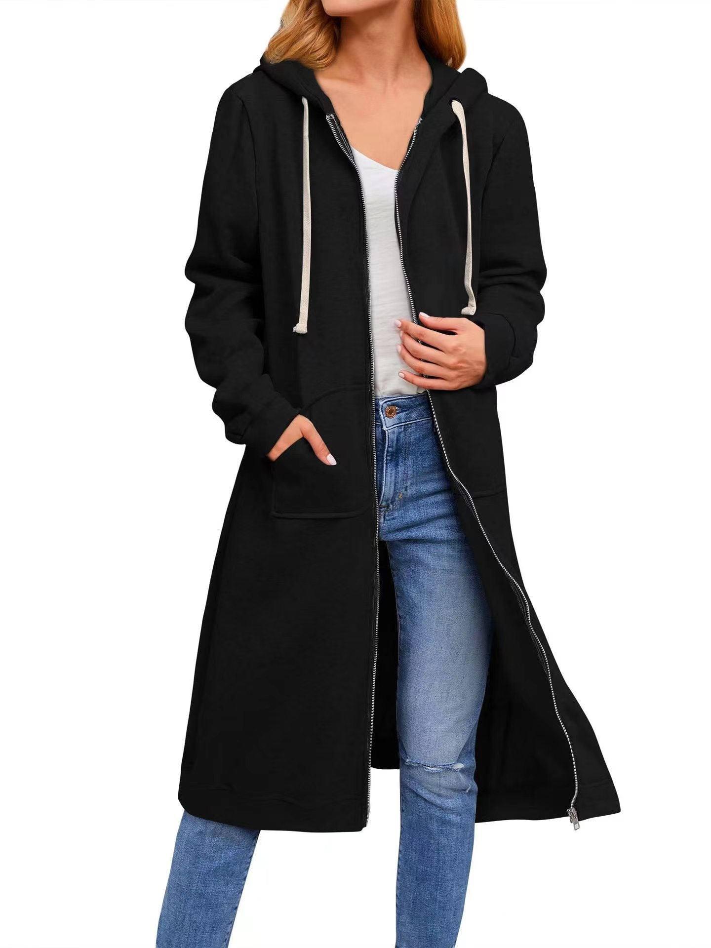Damen lange Kapuzenjacke mit Reißverschluss und praktischen Taschen Stalluxe