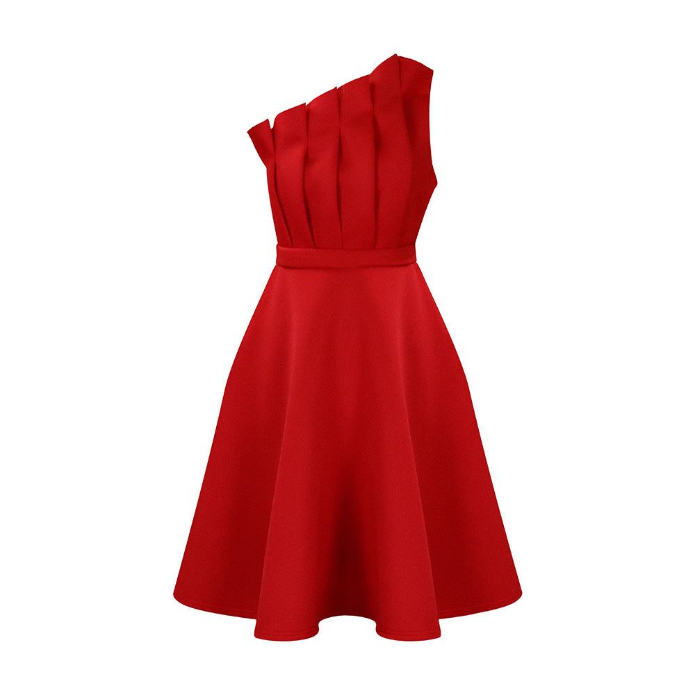 Damen Charmantes Ein-Schulter-Kleid mit Faltenwurf und tailliertem Gürtel Stalluxe