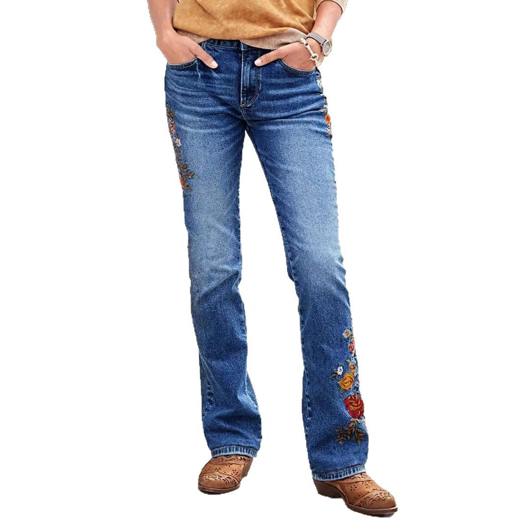 Damen Flared Jeans mit eleganten Blumenstickereien Stalluxe