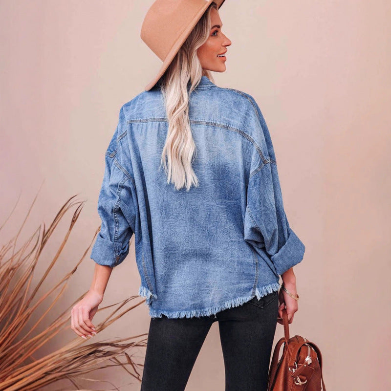Damen Lässige Denimbluse mit Fransen und aufgesetzten Taschen Stalluxe