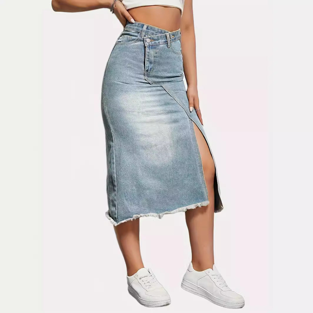 Damen Jeansrock mit asymmetrischem Schnitt und hohen Seitenschlitzen Stalluxe