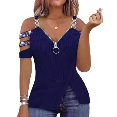Damen Trendy Off-Shoulder Top mit Reißverschluss und Designer-Riemen Stalluxe