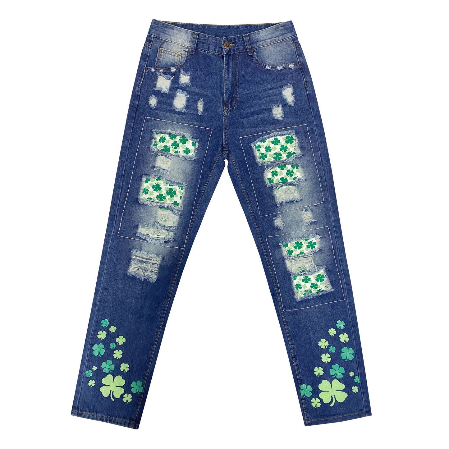 Damen Jeanshose mit fröhlichen Kleeblatt-Prints und modischen Destroyed-Details Stalluxe