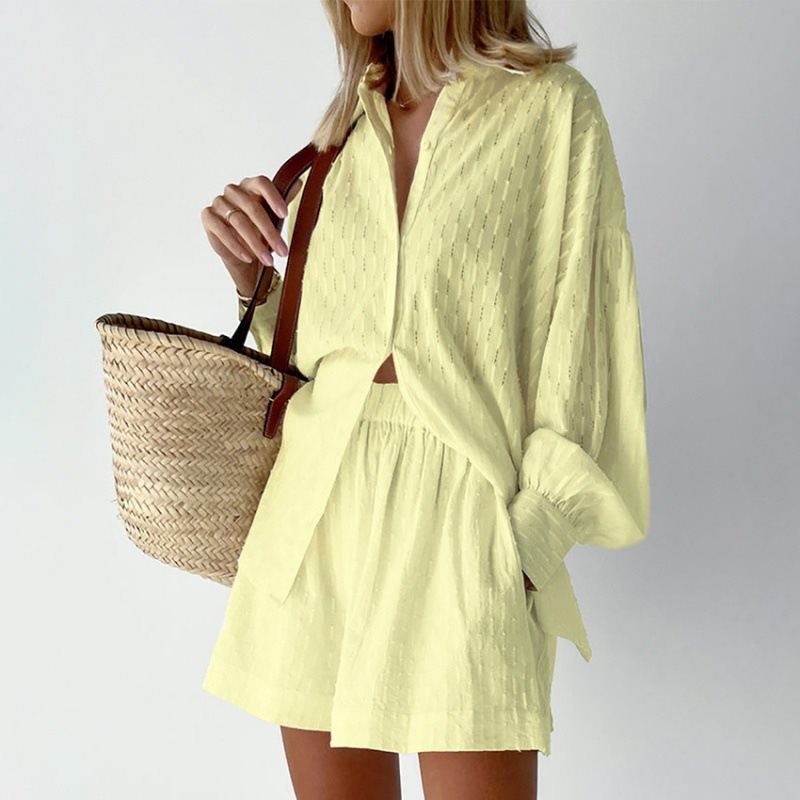 Damen lässiges Oversized Hemd mit Struktur und kurzen Hosen Stalluxe
