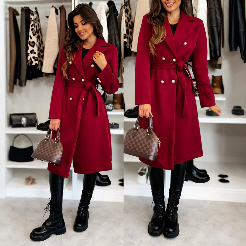 Damen eleganter Knielanger Trenchcoat mit Gürtel und doppelter Knopfleiste Stalluxe
