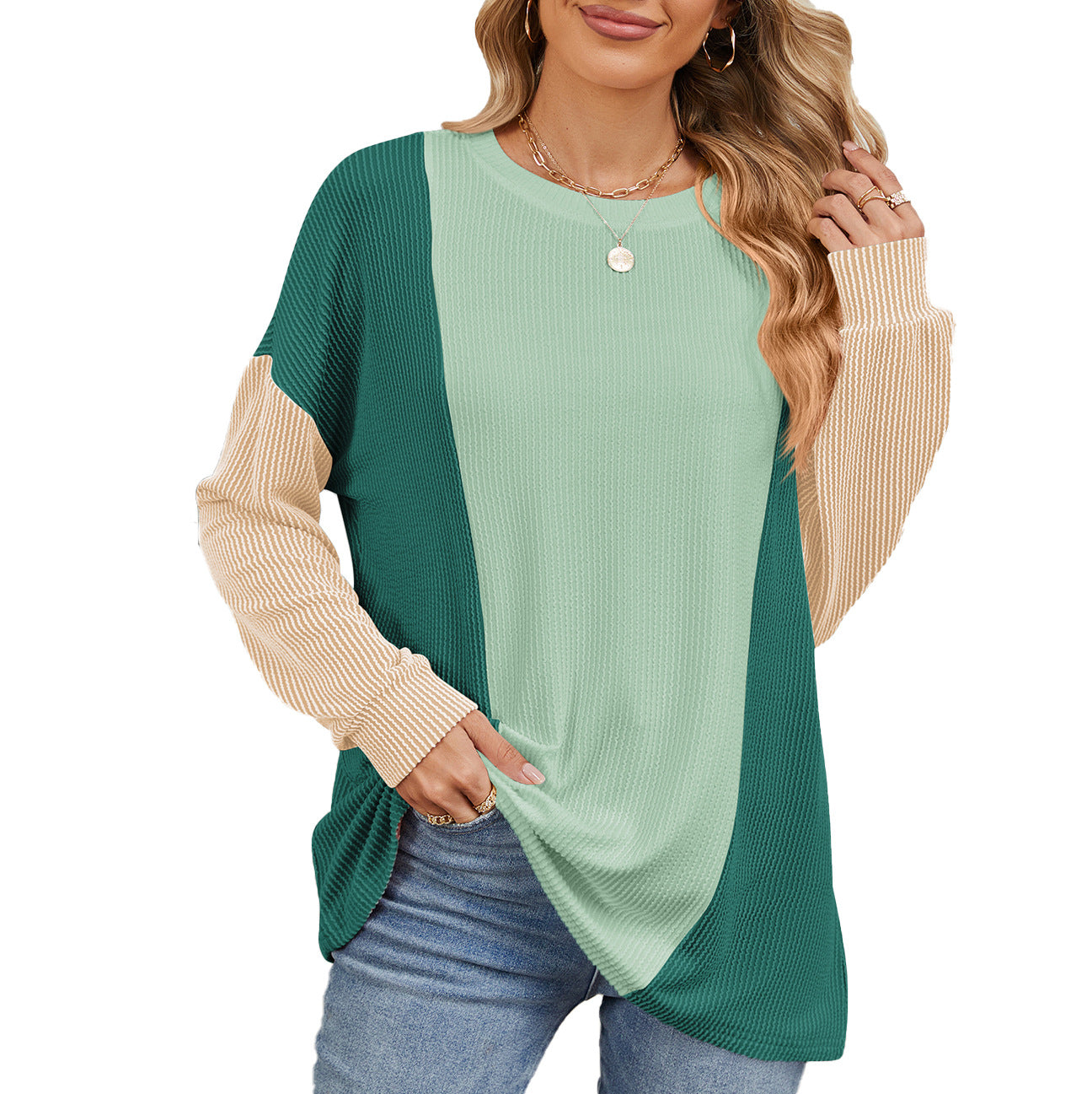 Damen oversized Pullover mit strukturiertem Rippdesign und modernen Farbblockakzenten Stalluxe