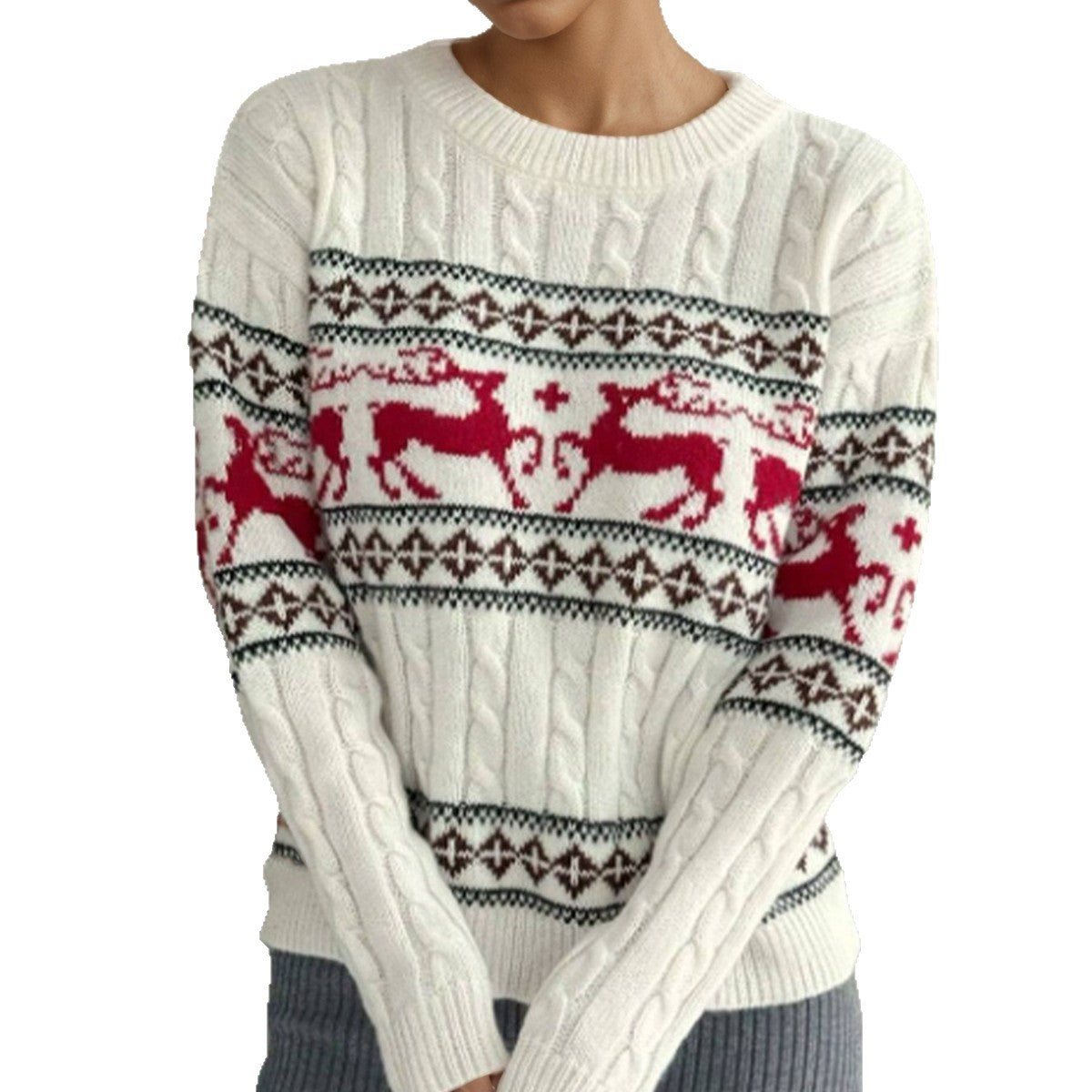 Damen Strickpullover mit festlichem Rentier-Muster und luxuriösem Zopfmuster Stalluxe