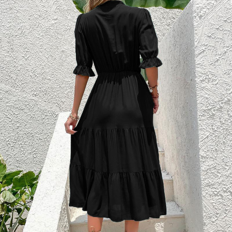 Damen Maxikleid mit elegantem Stehkragen und voluminösem Rüschensaum Stalluxe