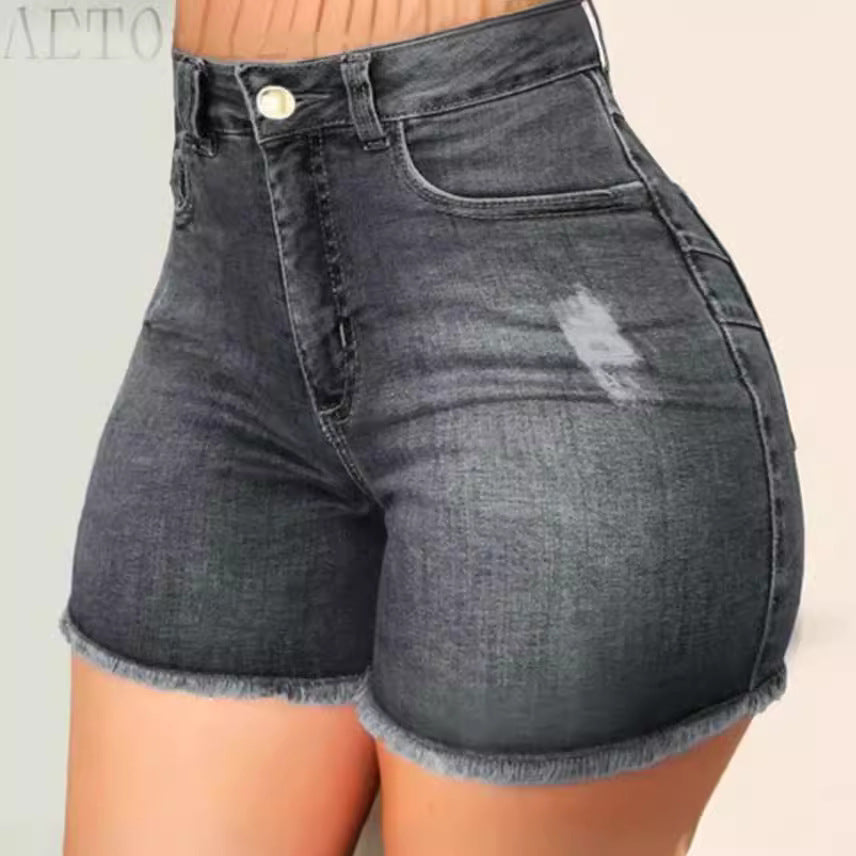 Damen Jeans-Shorts mit hohem Bund und ausgefranstem Saum Stalluxe