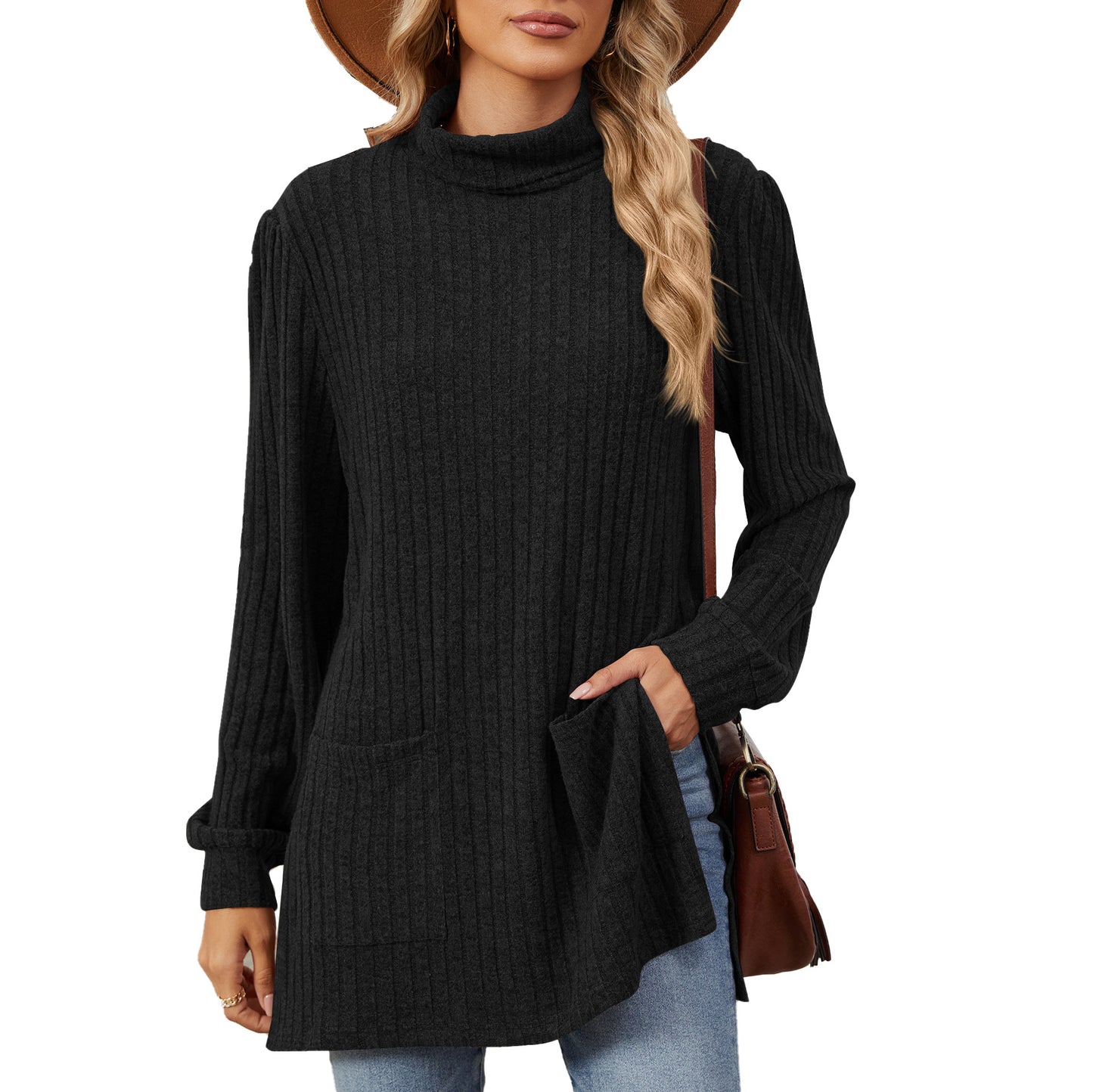 Damen elegantes Oberteil aus strukturierter Strickware mit Stehkragen und Seitentaschen Stalluxe