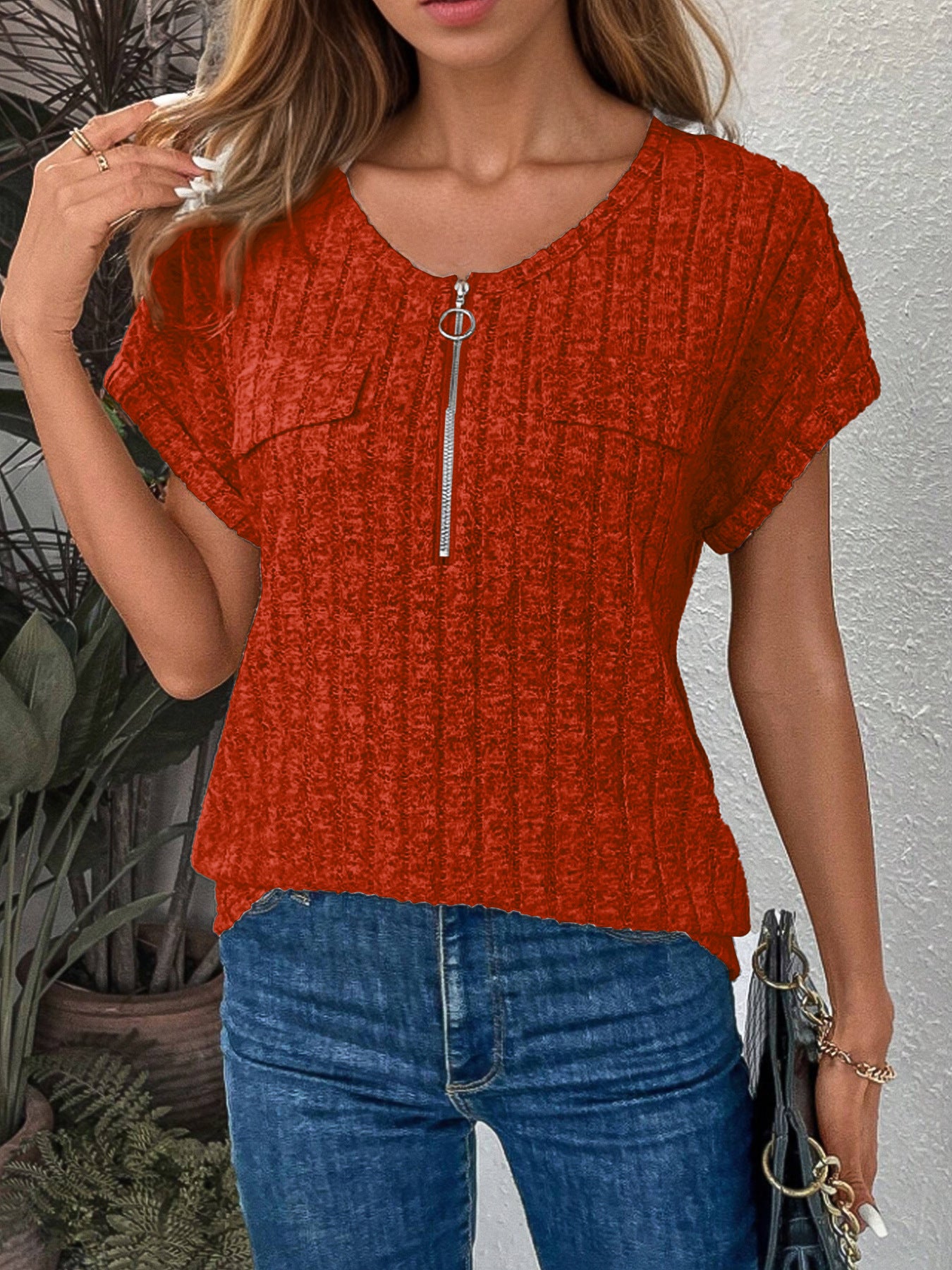 Damen Kurzarm Shirt mit modernem Reißverschluss und Brusttaschen Stalluxe