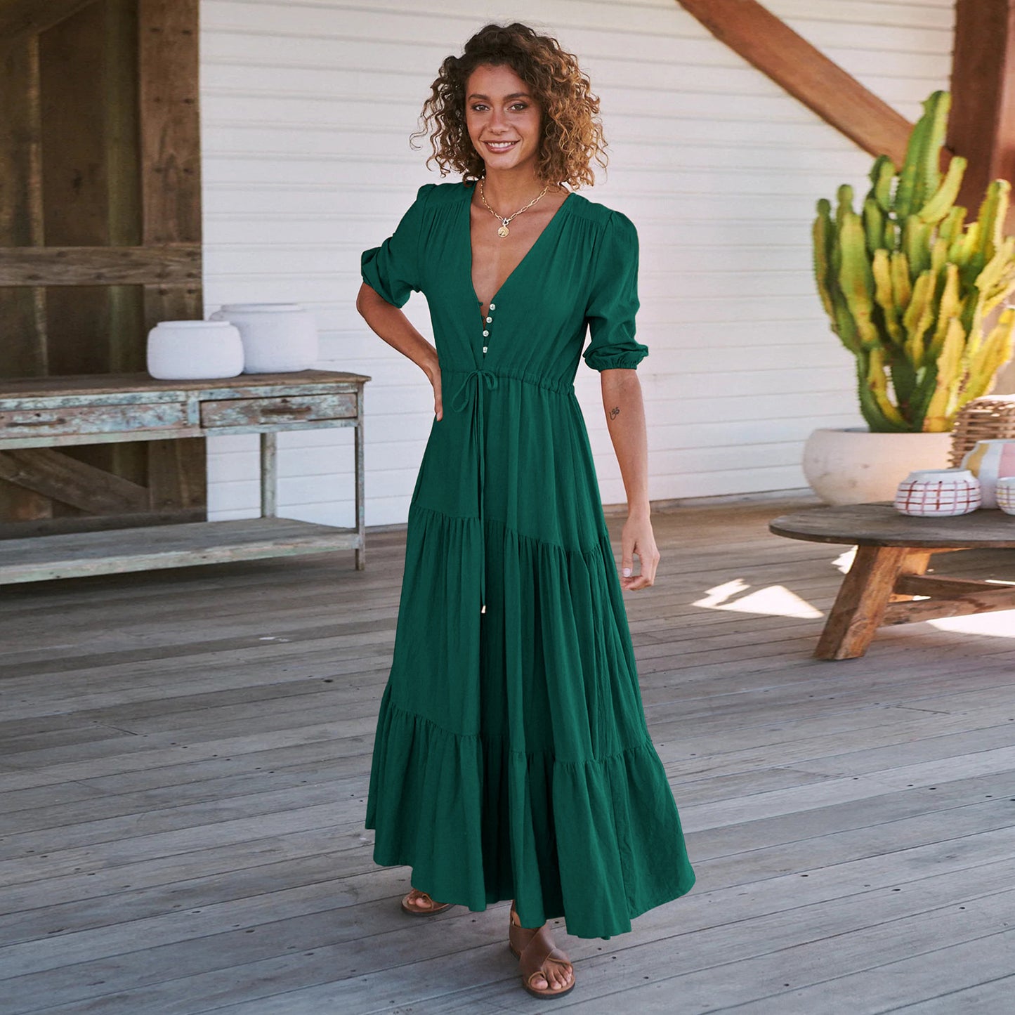 Damen Maxi Kleid mit V-Ausschnitt und Ballonärmeln Stalluxe