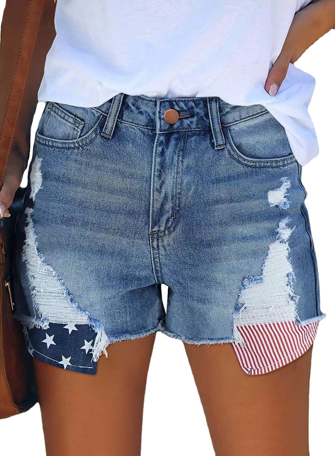 Damen Jeans-Shorts mit modischem Stars-and-Stripes-Muster und fransigen Details Stalluxe