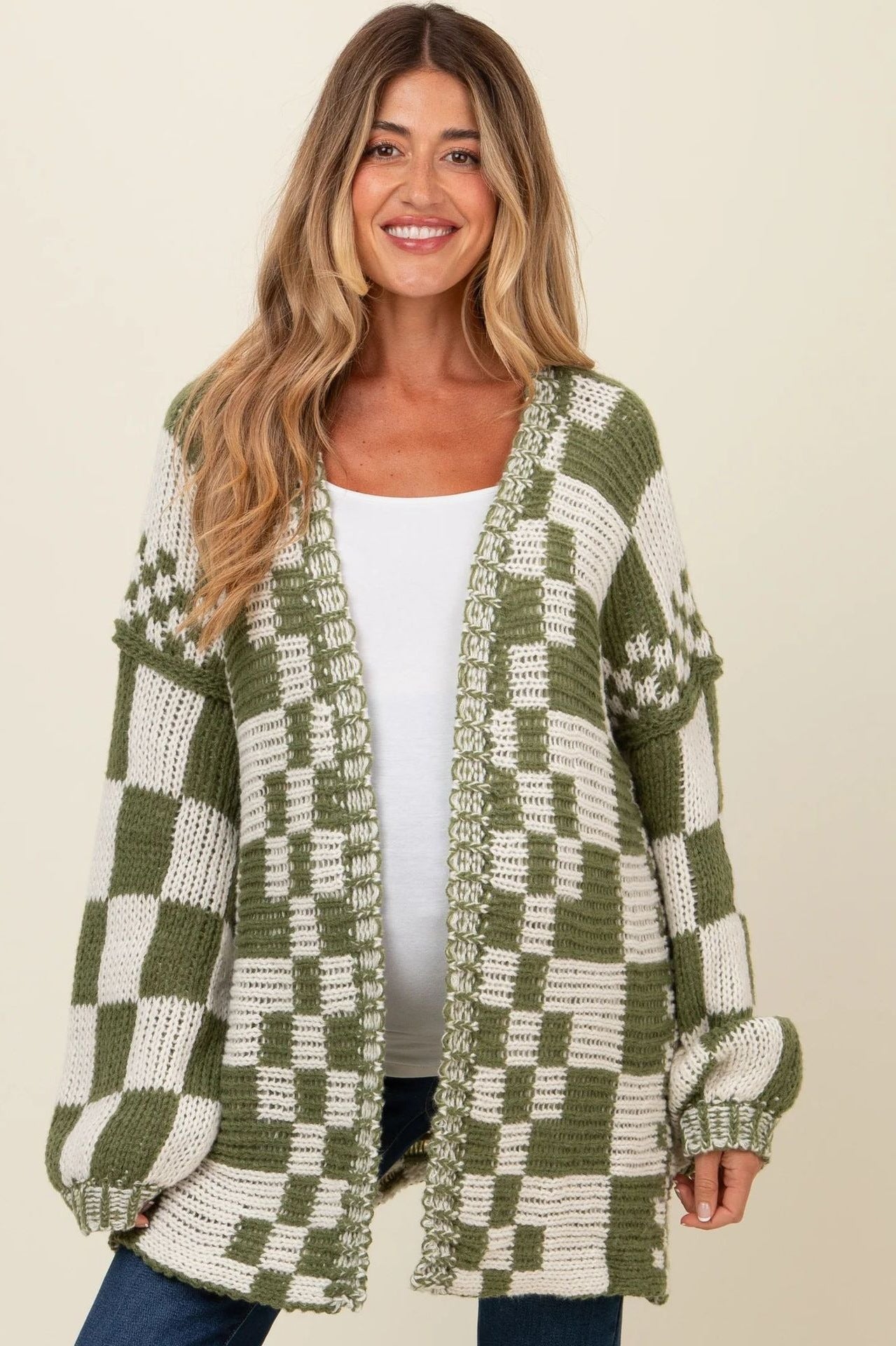 Damen Übergroße Karomuster-Strickjacke mit Taschen Stalluxe