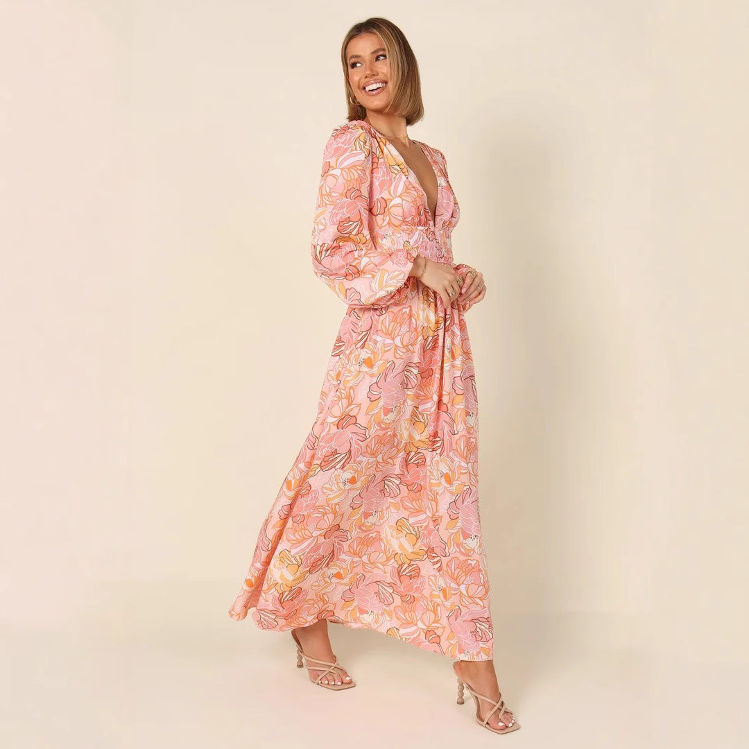 Damen Maxikleid mit tiefem V-Ausschnitt und elastischem Taillengürtel Stalluxe