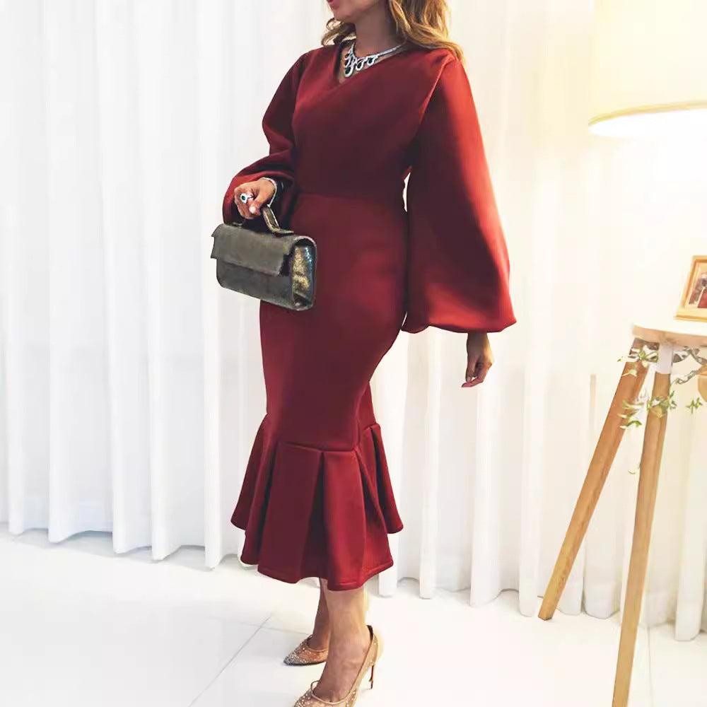 Damen figurbetontes Kleid mit voluminösen Ärmeln und schwingendem Saum Stalluxe