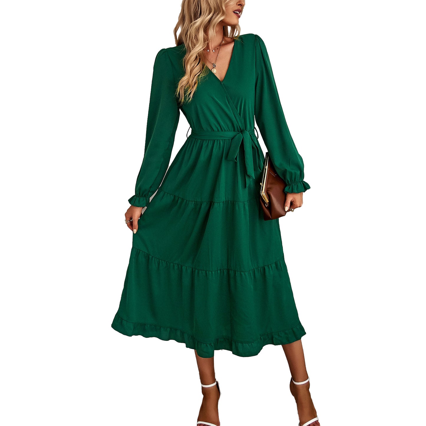 Damen elegantes Wickelkleid mit Rüschendetails und Taillengürtel Stalluxe