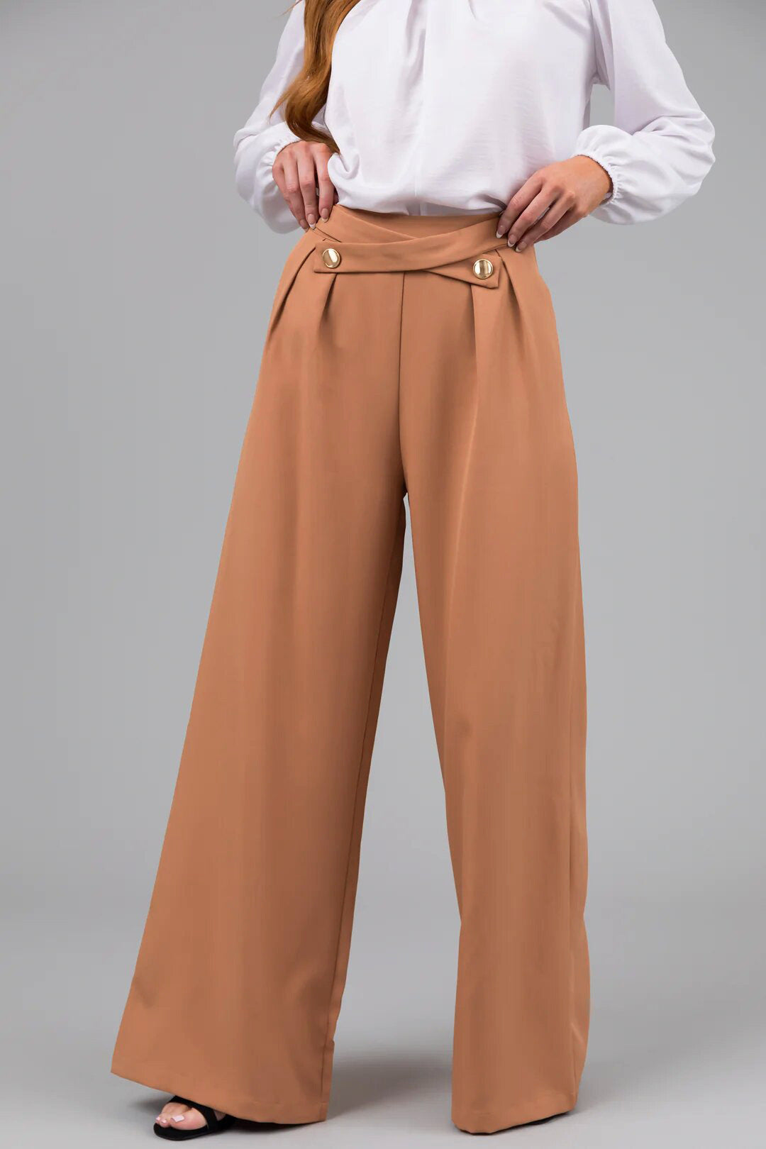 Damen elegante Bluse mit Bogenkragen und weiten Hose Stalluxe