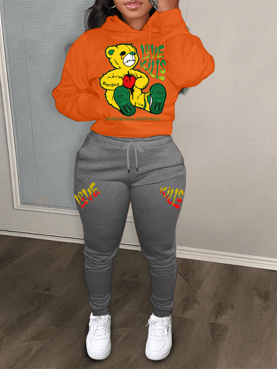 Damen Hoodie und Jogginghose Set mit kreativem Bärenmotiv und auffälligem Schriftzug Stalluxe