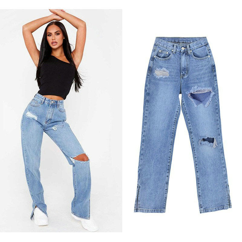 Damen lässige Ripped Jeans mit hoher Taille und modernen Fransen Stalluxe