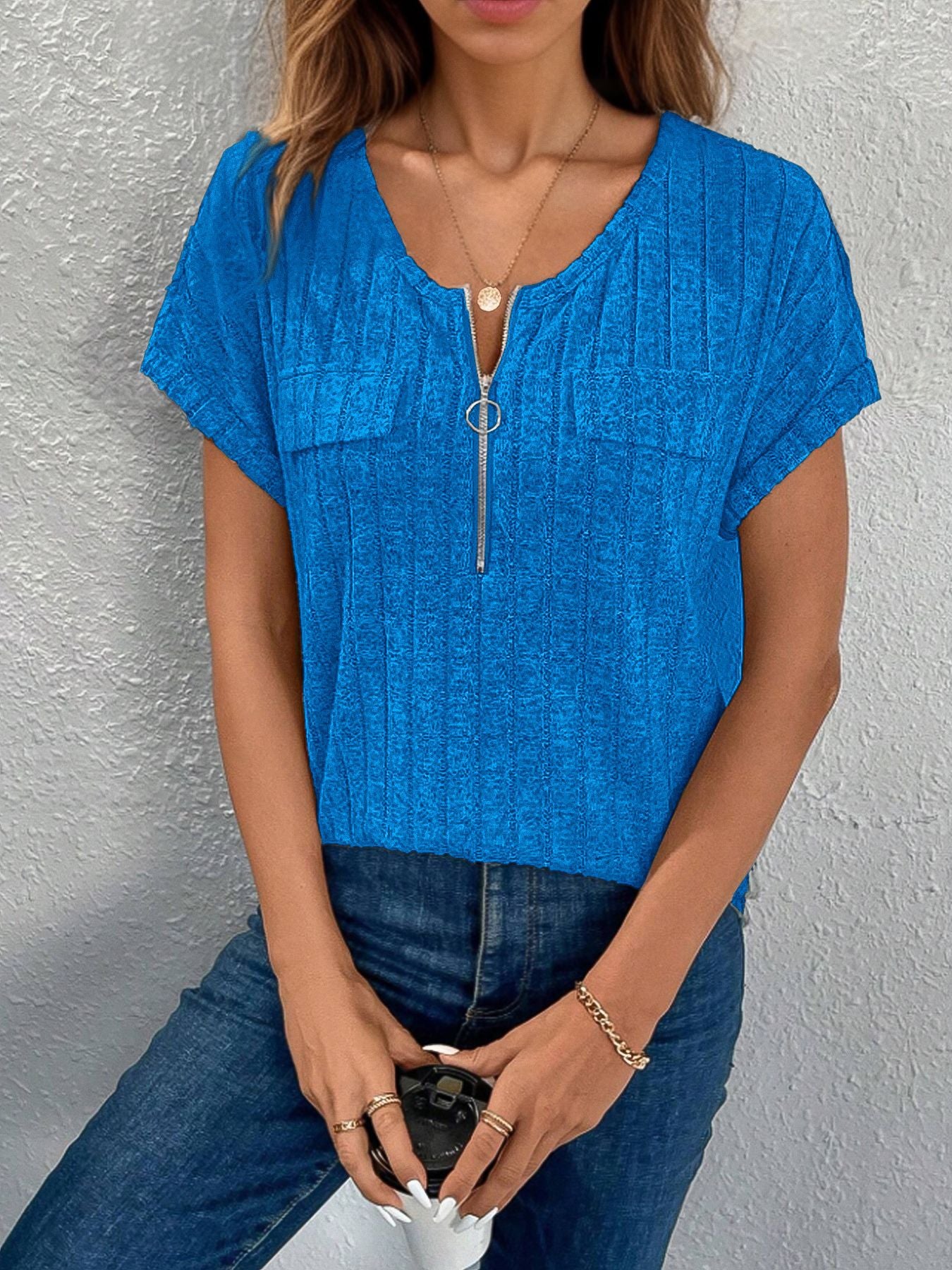 Women's Ribbed Pocket Zip-Up Top Stalluxe