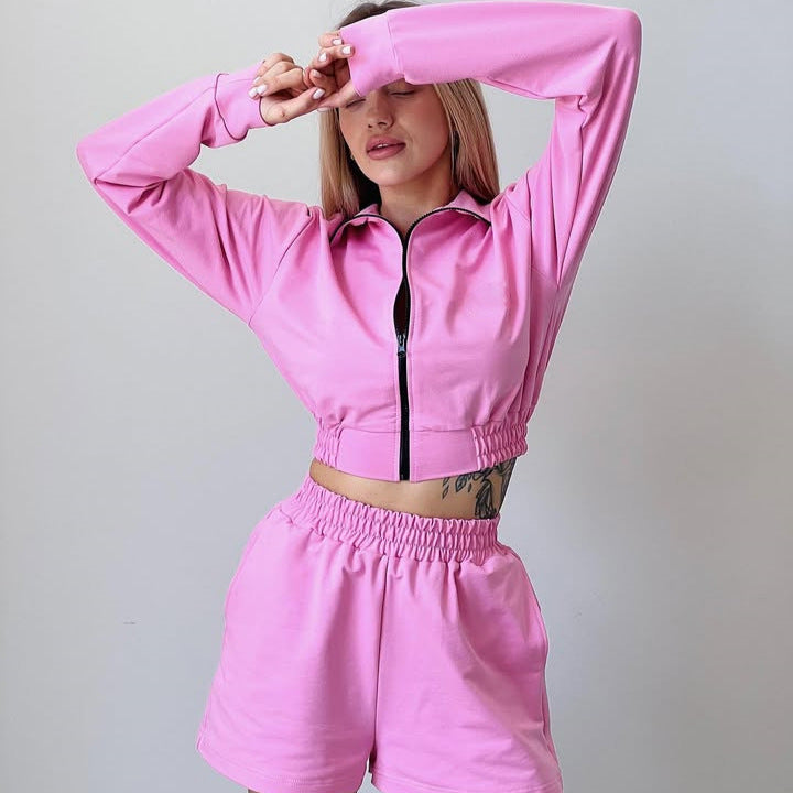 Damen Sportliches Kurzarm-Set mit Reißverschluss und elastischem Bund Stalluxe