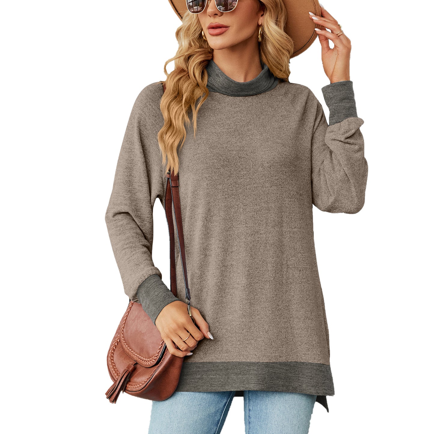Damen Oversized Pullover mit hohem Kragen und Kontrastärmel Stalluxe
