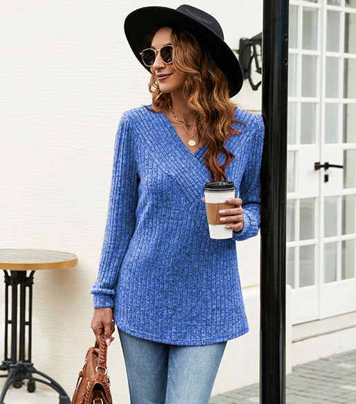 Women's Textured V-Neck Pullover Sweater Stalluxe