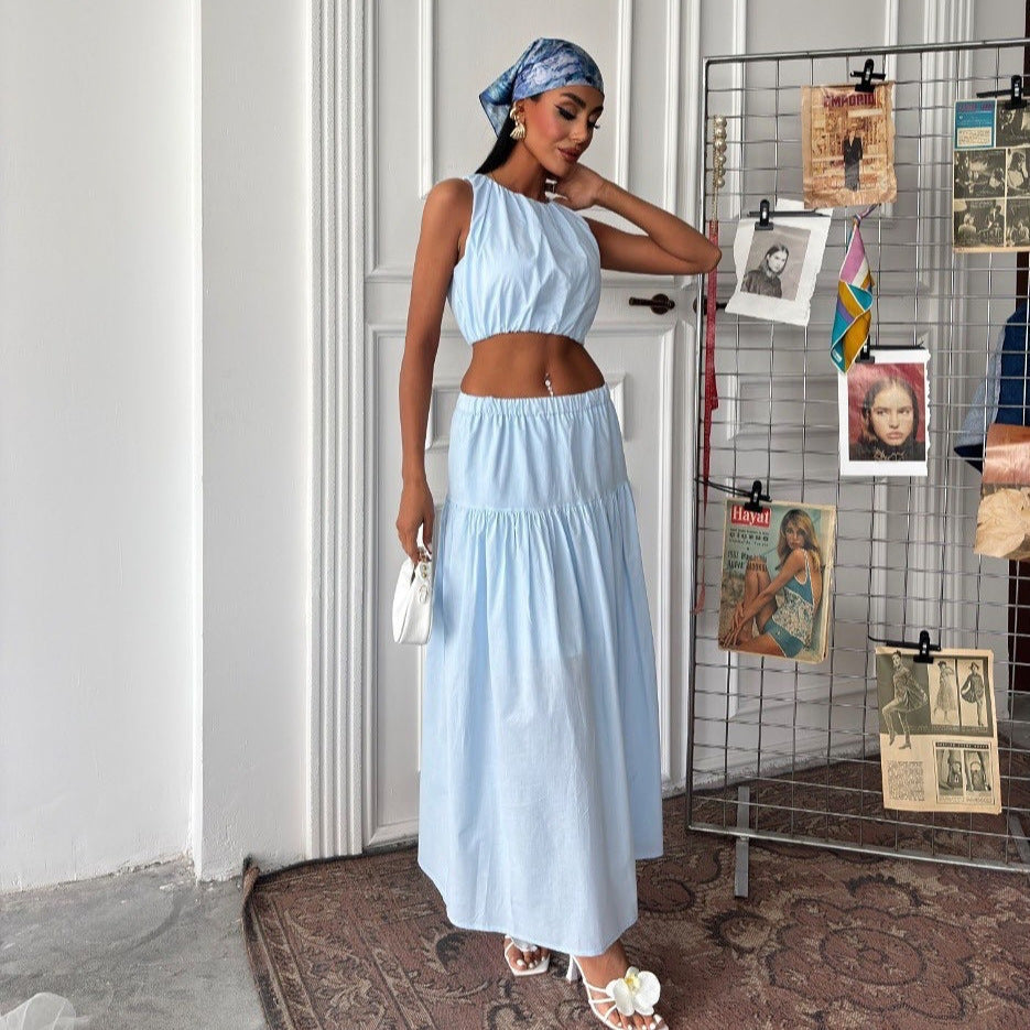Damen Cropped Top und Maxi-Rock Set mit elastischem Bündchen und Volant Stalluxe