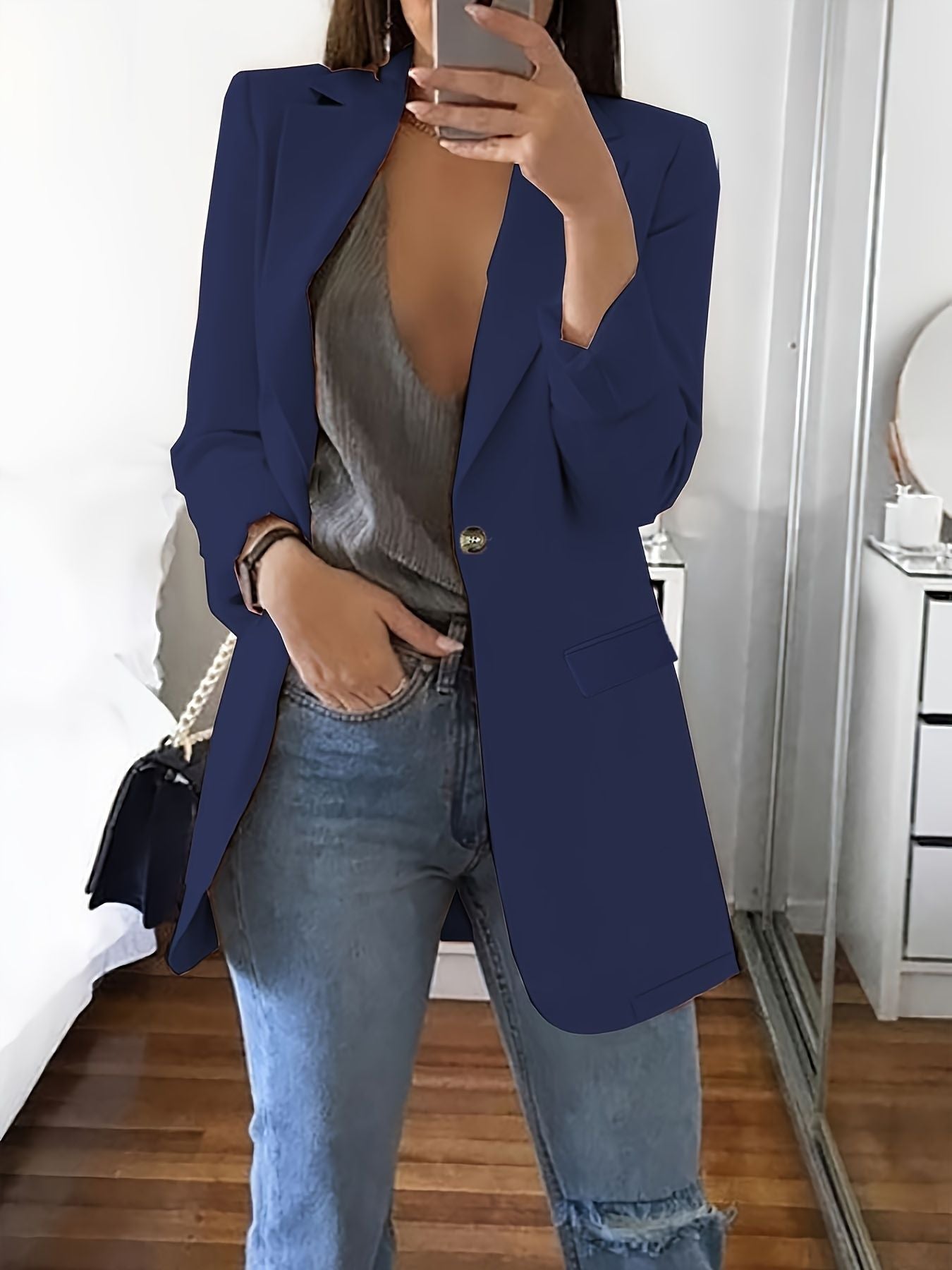 Damen Eleganter Blazer mit tiefem V-Ausschnitt und schmalem Schnitt Stalluxe