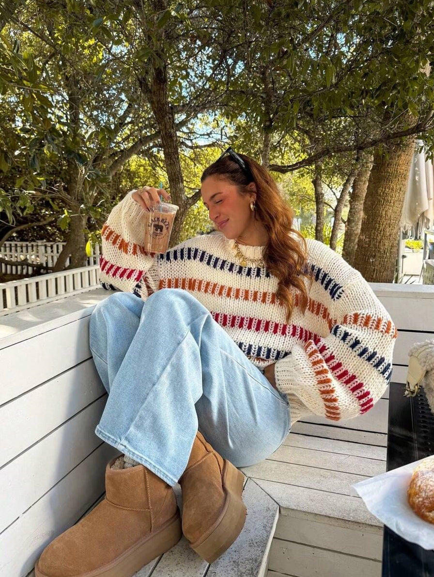 Damen Grobstrickpullover mit bunten Streifen und Oversized-Schnitt Stalluxe