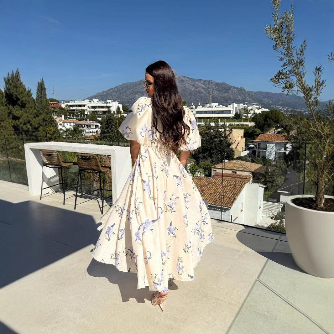 Damen Maxikleid mit elegantem V-Ausschnitt und voluminösen Puffärmeln Stalluxe