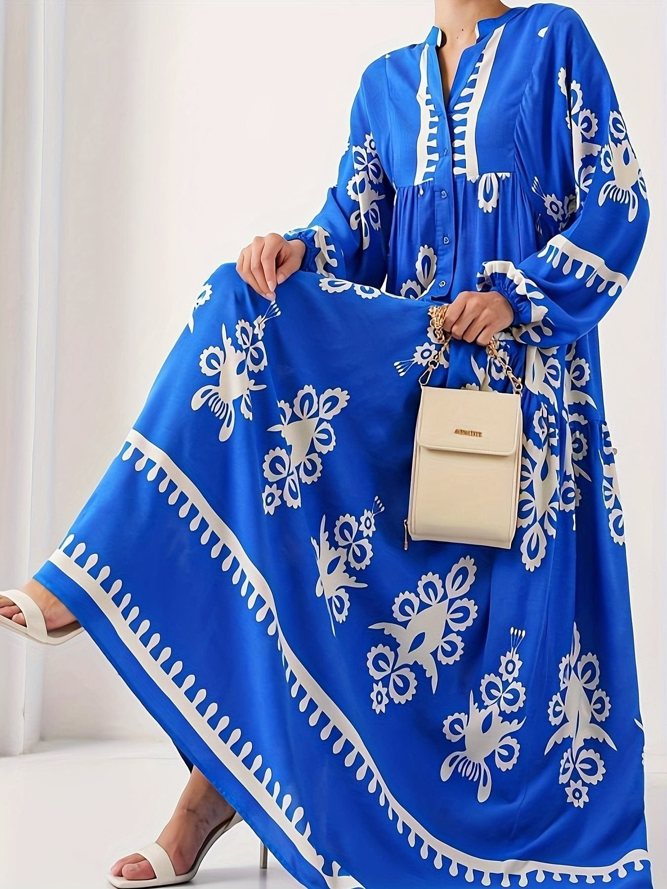 Damen langes Kaftankleid mit floralen Akzenten und Knopfleiste Stalluxe