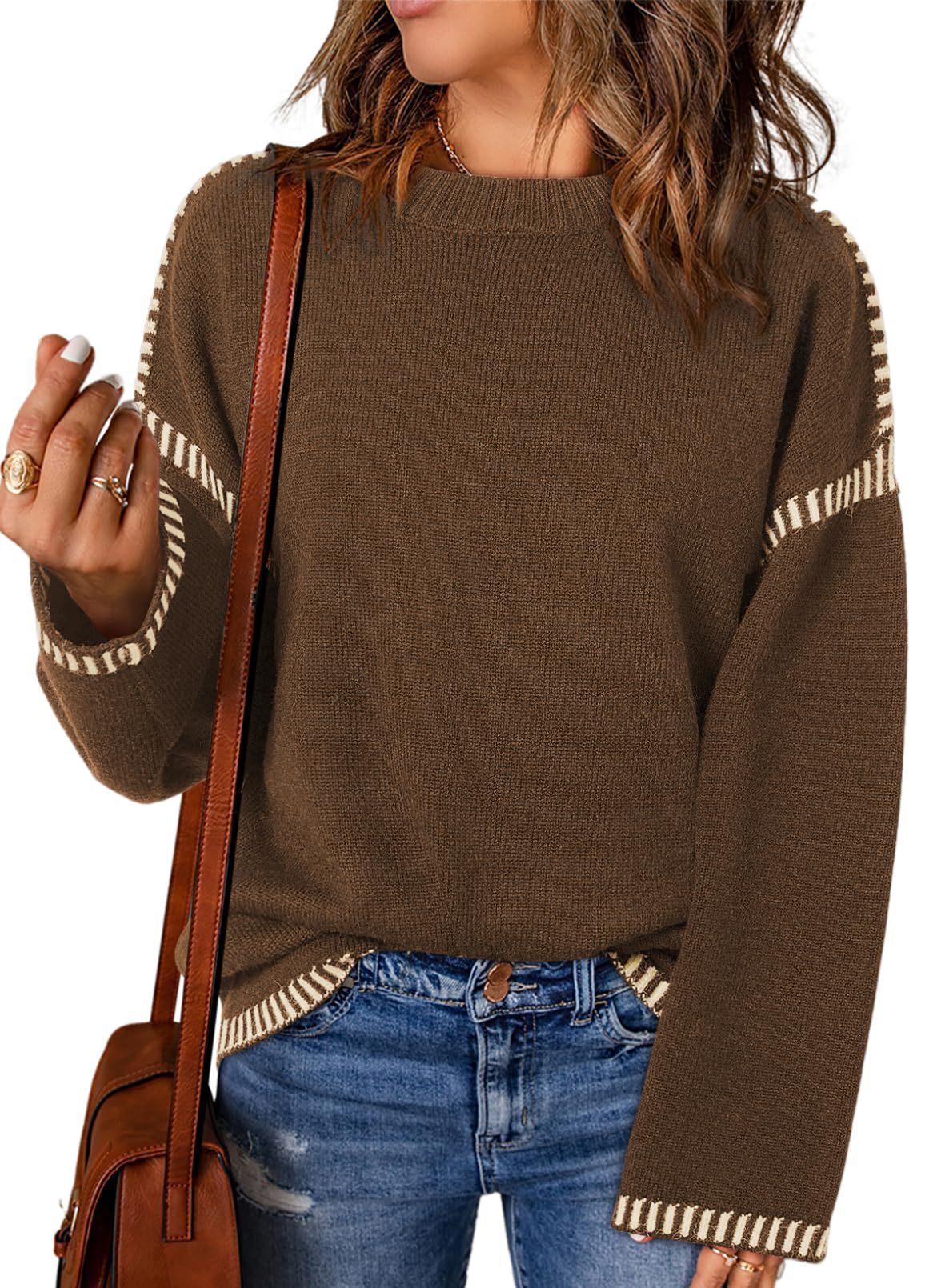 Damen Grobstrickpullover mit modischem Kontrastsaum und weiten Ärmeln Stalluxe