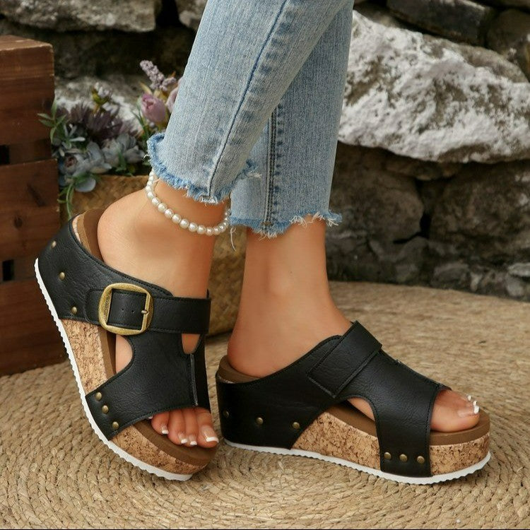 Damen Komfortable Keil-Sandalen mit verstellbarem Riemen und Korksohle Stalluxe