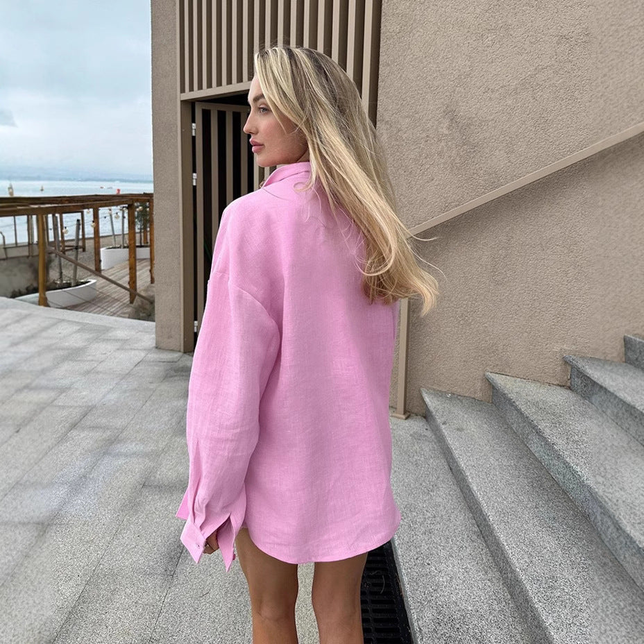 Women's Oversized Linen Button-Up Shirt Stalluxe