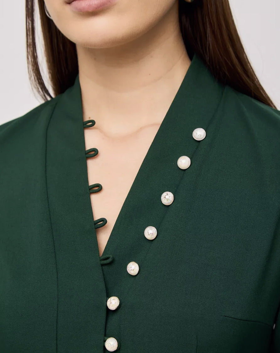 Damen elegantes Kleid mit Puffärmeln und Perlenknopfen Stalluxe