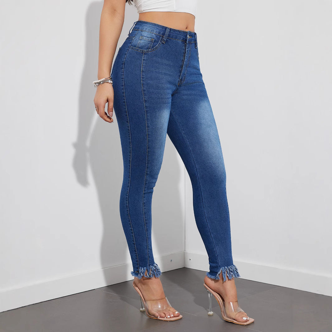 Damen Skinny-Jeans mit fransigem Saum und hoher Taille Stalluxe