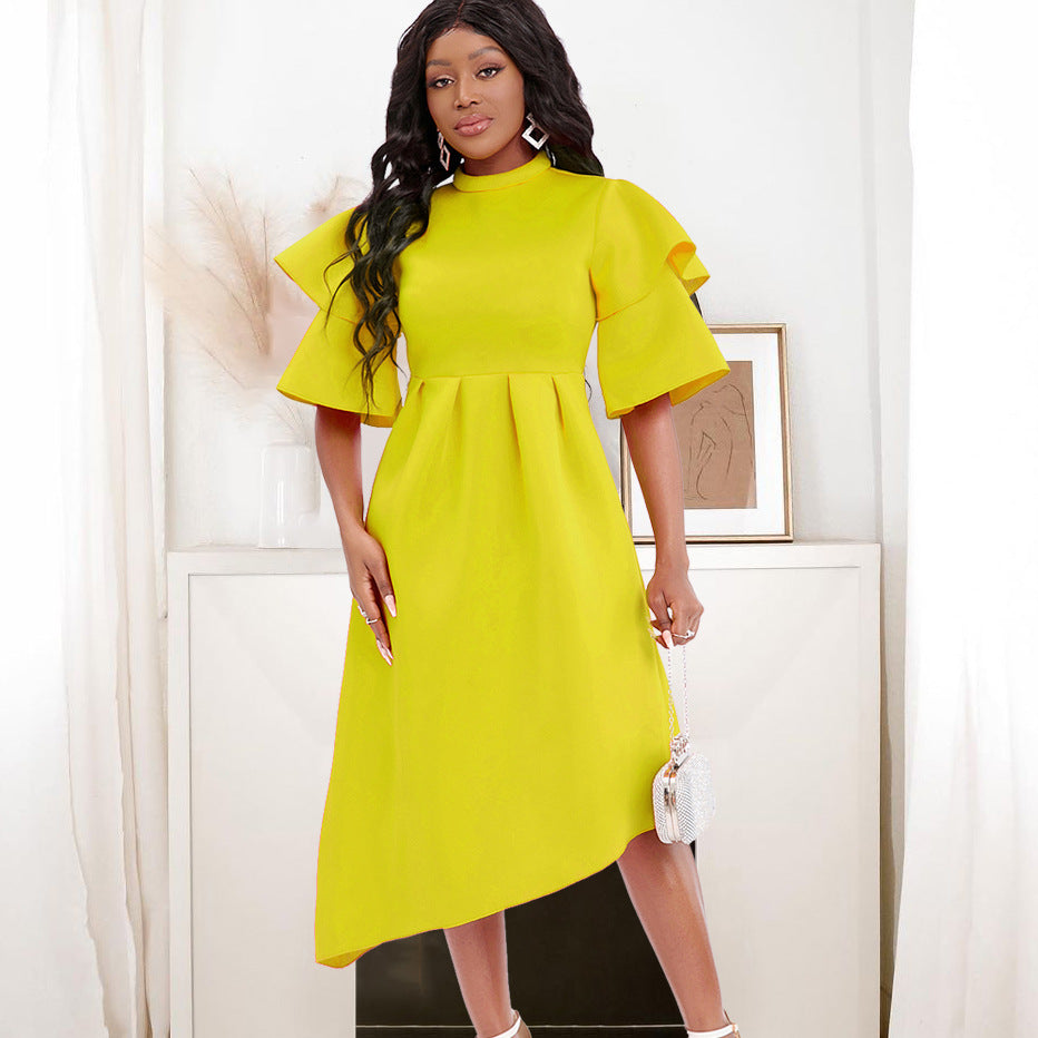Damen asymmetrisches Kleid mit voluminösen Ärmeln und hohem Kragen Stalluxe