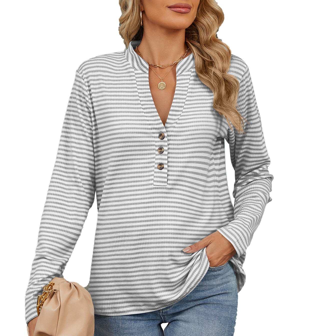 Damen Langarmshirt mit Knopfleiste und strukturierter Oberfläche Stalluxe
